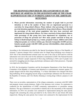 The Responses Provided by the Government of the Republic of Armenia to the Questionnaire of the Chair Rapporteur of the Un Working Group on the Arbitrary Detention