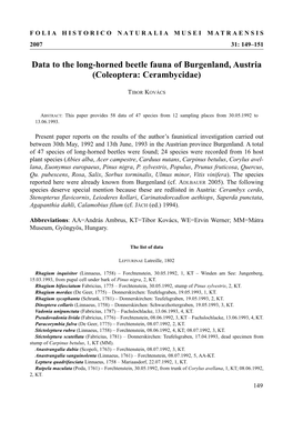 Data to the Long-Horned Beetle Fauna of Burgenland, Austria (Coleoptera: Cerambycidae)