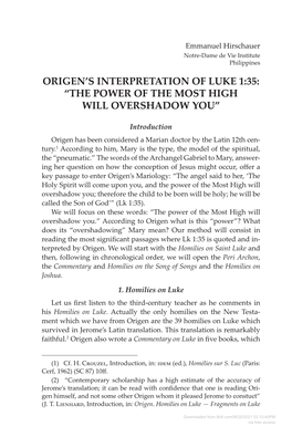 Origen's Interpretation of Luke 1:35: “The Power of the Most High Will