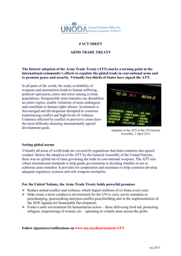 FACT SHEET ARMS TRADE TREATY the Historic Adoption of the Arms