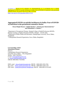 Fear of COVID- 19 Infection Is the Prominent Causative Factor Deena Dimple Dsouza A, Shalini Quadros A, Zainab Juzer Hyderabadwala a and Mohammed A