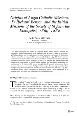 Origins of Anglo-Catholic Missions: Fr Richard Benson and the Initial Missions of the Society of St John the Evangelist, –