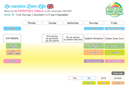 La Cantine Love Life Menus for the Elementary Campus of LFIV, School Year 2019-2020 Week 36 - from Thursday 3 September to Friday 4 September