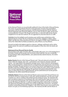 At the National Theatre We Are Profoundly Saddened to Hear of the Death of Howard Davies