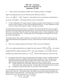 PHY 150 - Astronomy Homework Assignment #2 September 25, 2007