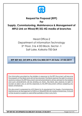 Request for Proposal (RFP) for Supply, Commissioning, Maintenance & Management of MPLS Link on Wired/RF/3G-4G Media at Branches