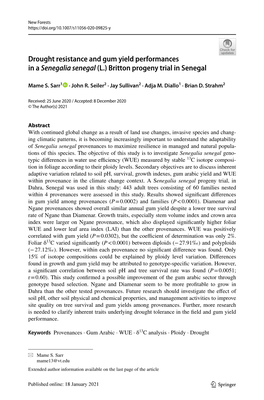 Drought Resistance and Gum Yield Performances in a Senegalia Senegal (L.) Britton Progeny Trial in Senegal