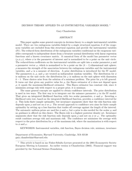 DECISION THEORY APPLIED to an INSTRUMENTAL VARIABLES MODEL 1 Gary Chamberlain ABSTRACT This Paper Applies Some General Concepts