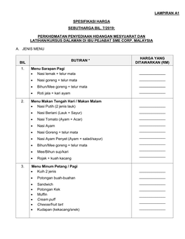 Lampiran A1 Spesifikasi Harga Sebutharga Bil. 7/2019