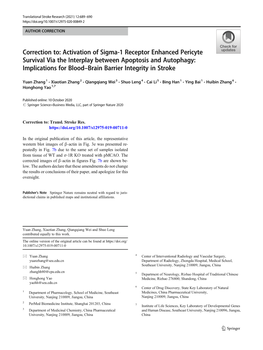 Correction To: Activation of Sigma-1 Receptor Enhanced Pericyte