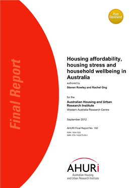 Housing Affordability, Housing Stress and Household Wellbeing in Australia