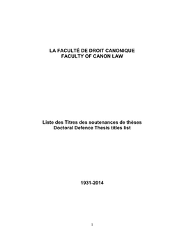 La Faculté De Droit Canonique Faculty of Canon Law