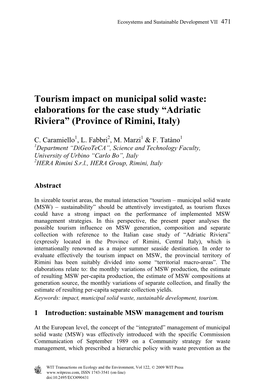 Tourism Impact on Municipal Solid Waste: Elaborations for the Case Study “Adriatic Riviera” (Province of Rimini, Italy)