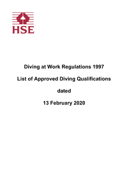 List of Approved Diving Qualifications