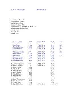 04.01.69. Oberstauffen Slalom, Women Course Name: Huendle Course Length: 540 M Vertical Drop: 170 M Number of Gates: 48/61 Co