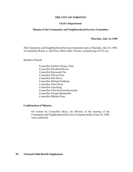 THE CITY of TORONTO Clerk's Department Minutes of The
