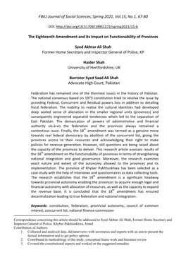 FWU Journal of Social Sciences, Spring 2021, Vol.15, No.1, 67-80 the Eighteenth Amendment and Its Impact on Functionability of P