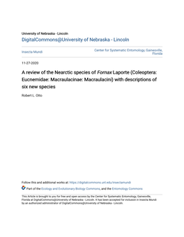 A Review of the Nearctic Species of Fornax Laporte (Coleoptera: Eucnemidae: Macraulacinae: Macraulacini) with Descriptions of Six New Species