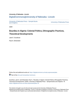 Bourdieu in Algeria: Colonial Politics, Ethnographic Practices, Theoretical Developments