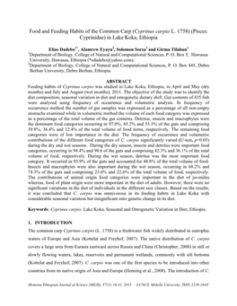 Food and Feeding Habits of the Common Carp (Cyprinus Carpio L. 1758) (Pisces: Cyprinidae) in Lake Koka, Ethiopia