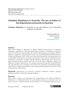 Castellano Rioplatense in Australia: the Use of Dialect in the Argentinean Community in Australia