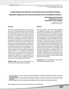 Cambio Poblacional Y Dinámica Socioeconómica De Los Municipios De Boyacá Population Change and Socio-Economic Dynamics Of