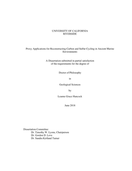 UNIVERSITY of CALIFORNIA RIVERSIDE Proxy Applications for Reconstructing Carbon and Sulfur Cycling in Ancient Marine Environment