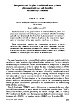 Temperature of the Glass Transition of Some Systems of Inorganic Nitrates and Chlorides with Dimethyl Sulfoxide