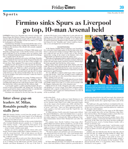 Firmino Sinks Spurs As Liverpool Go Top, 10-Man Arsenal Held