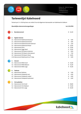 Tarievenlijst Kabelnoord