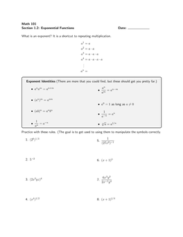 Math 101 Section 1.2: Exponential Functions Date: What Is An