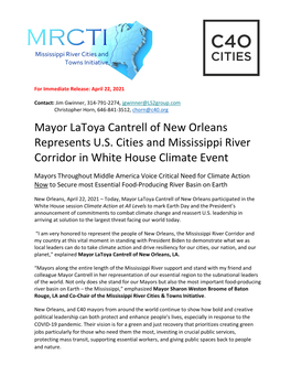 Mayor Latoya Cantrell of New Orleans Represents U.S. Cities and Mississippi River Corridor in White House Climate Event