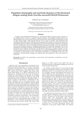 Population Demography and Seed Bank Dynamics of the Threatened Obligate Seeding Shrub Grevillea Maxwellii Mcgill (Proteaceae)