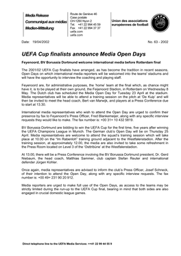 UEFA Cup Finalists Announce Media Open Days