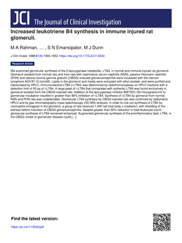 Increased Leukotriene B4 Synthesis in Immune Injured Rat Glomeruli