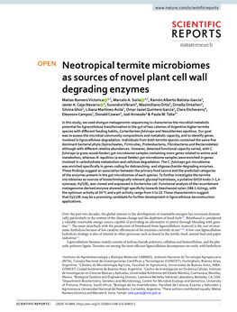 Neotropical Termite Microbiomes As Sources of Novel Plant Cell Wall Degrading Enzymes Matias Romero Victorica 1,7, Marcelo A