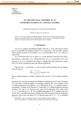 ON the OPEN BALL CENTERED at an INVERTIBLE ELEMENT of a BANACH ALGEBRA 1. Introduction Let a Be a Complex Unital Banach Algebra