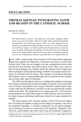 Thomas Aquinas: Integrating Faith and Reason in the Catholic School