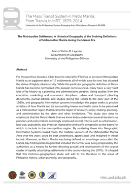 The Matriyoshka Settlement: a Historical Geography of the Evolving Definitions of Metropolitan Manila During the Marcos Era