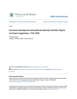 Economic Development and Political Authority: Norfolk, Virginia Merchant-Magistrates, 1736-1800