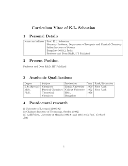 Curriculum Vitae of KL Sebastian 1 Personal Details