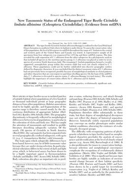 New Taxonomic Status of the Endangered Tiger Beetle Cicindela Limbata Albissima (Coleoptera: Cicindelidae): Evidence from Mtdna