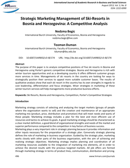 Strategic Marketing Management of Ski-Resorts in Bosnia and Herzegovina: a Competitive Analysis