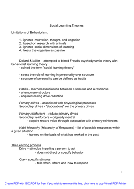 Social Learning Theories Limitations of Behaviorism: 1. Ignores