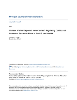 Chinese Wall Or Emperor's New Clothes? Regulating Conflicts of Interest of Securities Firms in the U.S