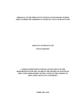 Appraisal of the Proclivity of Kenyan Secondary School Girls to Procure Abortion in Light of Value of Human Life