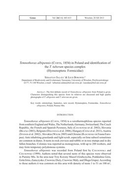 Temnothorax Albipennis (Curtis, 1854) in Poland and Identification of the T