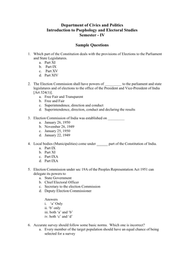 Introduction to Psephology and Electoral Studies Semester - IV