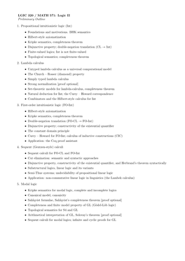 LGIC 320 / MATH 571: Logic II Preliminary Outline 1. Propositional