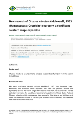 New Records of Orussus Minutus Middlekauff, 1983 (Hymenoptera: Orussidae) Represent a Significant Western Range Expansion